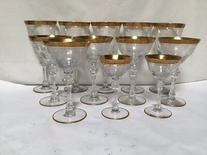 SS85 Vintage Tiffin-Franciscan Clear & Gold Etching Crystal Wine Glass Set of 12 - Picture 1 of 8