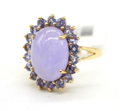 Anillo Vintage Oro Amarillo 14K Cabujón Lavanda Jade y Tanzanitas Redondas Talla 7.25 Foto 1 de 4