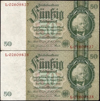 50 Reichsmark 1933 (45) - 2 Banknotes -Pick:182b-"VF"-Series: L02609827(8)-"D29" - Image 1 of 4