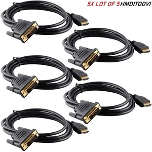 5x HDMI na DVI-D Monitor Wyświetlacz Adapter Kabel HDTV 6FT (5-pak) - Zdjęcie 1 z 4