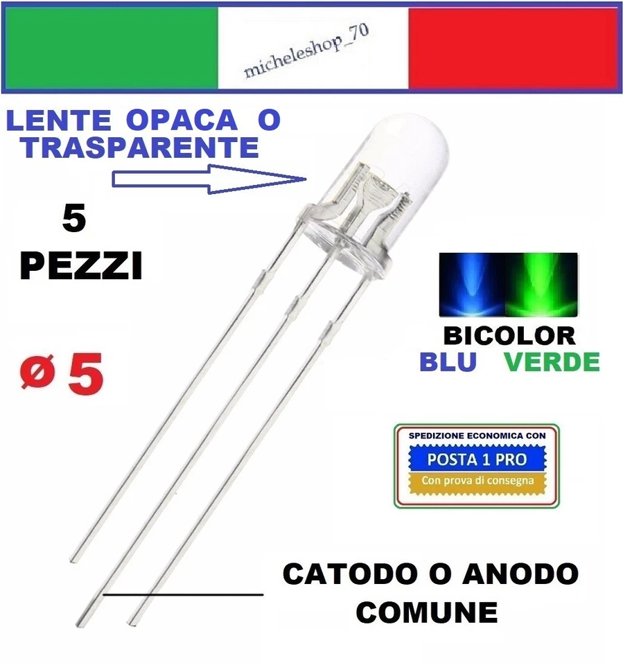 diodo led bicolore blu/verde 3pin catodo/anodo comune ø5mm opaca o trasparente - Immagine 1 di 1