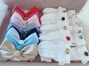 Satin Bow Headbands 10 Bows 4 inch Bow Embroidery Flower With 10 Matching Socks