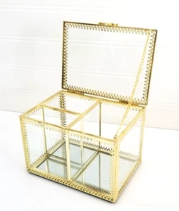 Brass and Glass Box Make-up Holder with Lid Cosmetic Storage 4Dx5.75Lx4H - Picture 1 of 16
