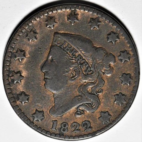 1822 Coronet Head large cent with bold details and beautiful brown toning Cover
