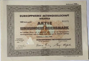 Durkoppwerke AG - Bielefeld - Aktie 100rm - Bild 1 von 1
