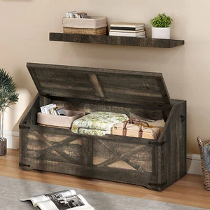 39.4'' Wooden Storage Bench Storage Chest Farmhouse Storage Trunk with 4 Wheels - Picture 1 of 9