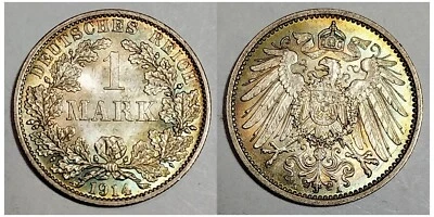 1914-A Germany 1 Mark Silver Coin Choice BU Rainbow 🌈 Toned Color #C49 - Image 1 of 4