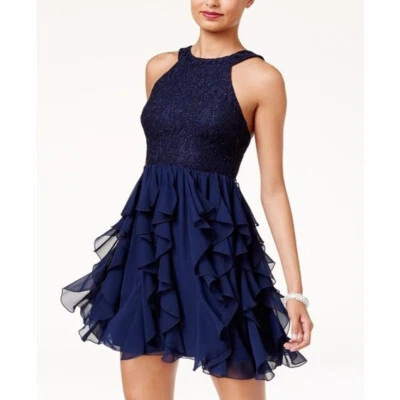 Glitter Lace Dress Speechless Fit & Flare Ruffled Mini Juniors' Size 3 Navy - Image 1 of 4