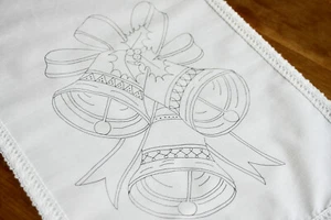 Printed to hand Embroider cotton Christmas Table Runner Bells & Ribbon CSO121 - Picture 1 of 2