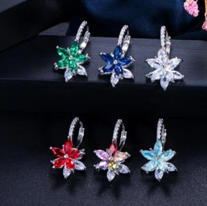 Sparking Star White Topaz Garnet Blue Topaz Quartz Silver Hook Drop Earrings - Picture 1 of 14