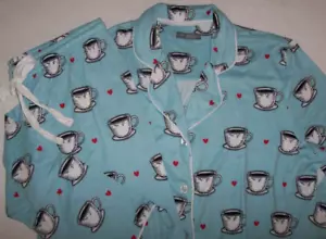 NWT PJ Salvage Ice Blue COFFEE/TEA LOVERS Peachy Knit Pajama Set L RED HEARTS - Picture 1 of 5