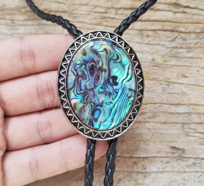 Collar de boda vintage concha de abulón vaquero occidental bolo corbata para hombre cordón de cuero Foto 1 de 4