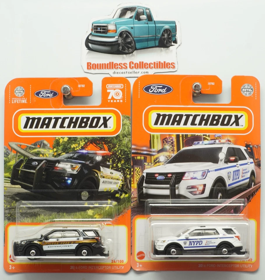MATCHBOX  LOT FORD 2016 INTERCEPTOR UTILITY NYPD WHITE 2022 BLACK 2023 KOOTENAI - Image 1 of 1