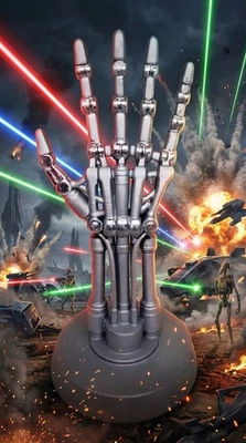 3D Printed Terminator Endoskeleton Hand on Display Base – Silver & Chrome – T2 - Image 1 of 4