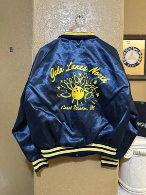 Vintage 80s Gala Lanes North Galaxy World Bowling Jacket Satin Bomber Illinois - Image 1 of 4