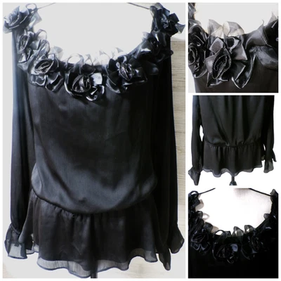 Top negro Y2k Xscape 16 flores satinadas 3D campesinas hadas góticas brujas caprichosas Foto 1 de 4