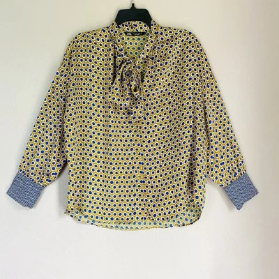 Camisa Top Zara Mujer Talla S Estampado Geométrico Cuello Atado Botones Mostaza Multicolor Foto 1 de 4