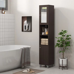 Tall Bathroom Cabinet with Mirror & Adjustable Shelves, Coffee - Picture 1 of 11