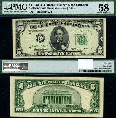 FR. 1965 G* $5 1950-D Federal Reserve Note Chicago G-* Block Choice PMG AU58 Sta - Image 1 of 3