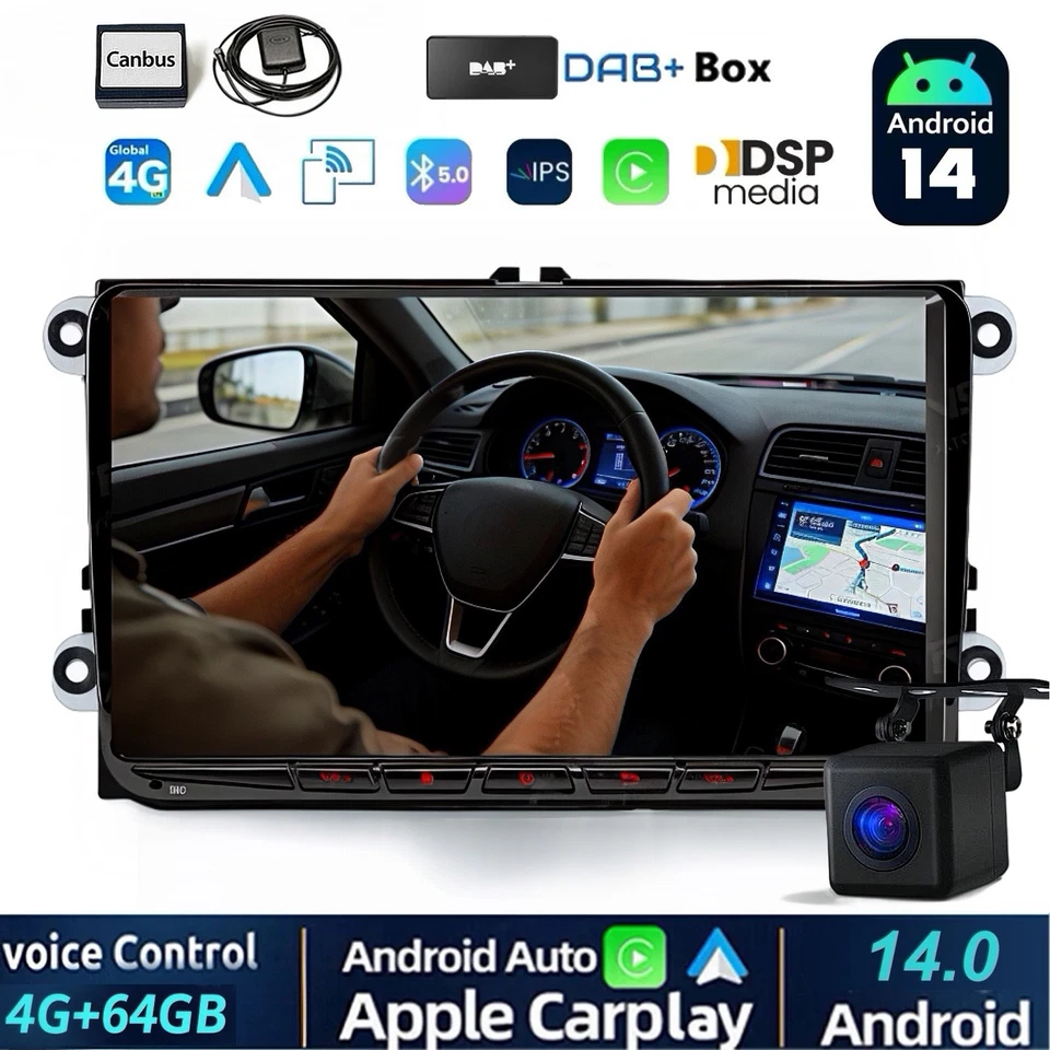 DAB+ Android 14 4+64GB Autoradio Carplay GPS Für VW Golf 5 6 Touran Tiguan Polo - Bild 1 von 4