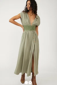 Abito Free People Devon Midi Maxi Smocked verde salvia nuovo senza etichette ~ S - Foto 1 di 8