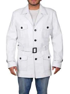 DESIGNER New Mens Patch Pocket 3/4 Trench Coat 100% Real Lambskin Slim Fit White - Picture 1 of 8
