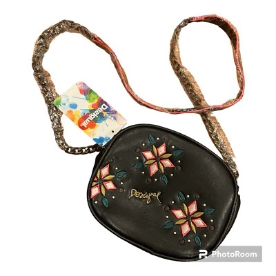 DESIGUAL Cartera Floral Medallón Bandolera Bolso Cadena Correa Negro Cremallera Top Nuevo Foto 1 de 4