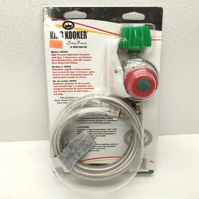 Regulador de manguera trenzada de acero inoxidable King Kooker 34502 con conexión tipo 1, hembra Foto 1 de 4
