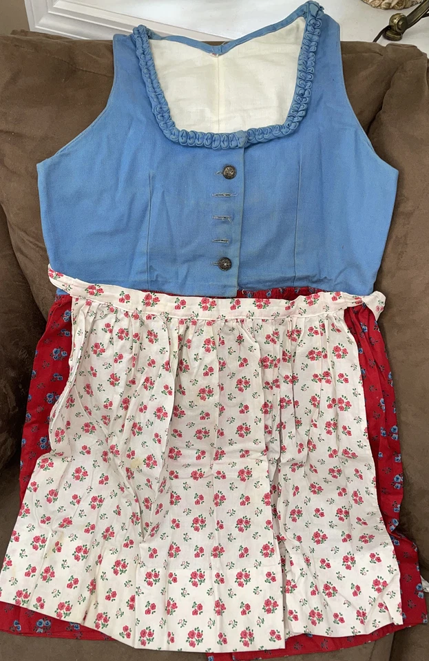 DIRNDL DRESS COSTUME  30” WAIST DENIM/FLORAL DRESS W/APRON TRADITIONAL - Image 1 of 3