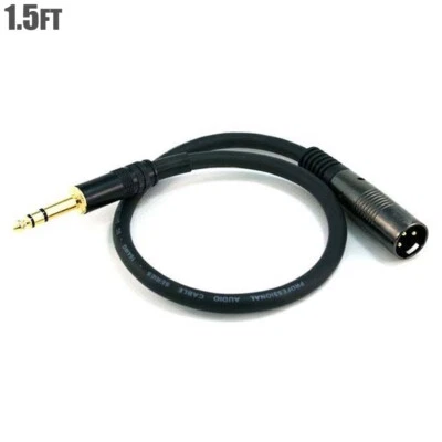 1.5FT 3-Pin XLR Male to 1/4" 6.35mm TRS Male Audio Cable Mic Microphone Gold - Image 1 of 2