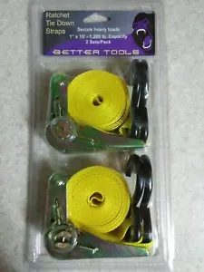 Better Tools 1" x 15' Ratchet Straps Tie Down 1200 lb Yellow 2 Set pack BT425 - Picture 1 of 2