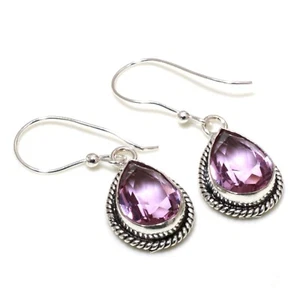 925 Sterling Silver Purple Amethyst Gemstone Handmade Earring Jewelry Size 1.58" - Picture 1 of 3