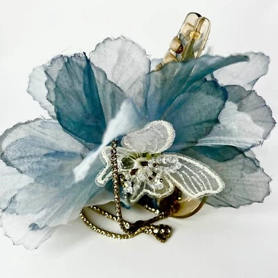 Flower Hair Claw Clip Blue, Butterfly Chain for Women Girls Wedding Gift - Image 1 of 4