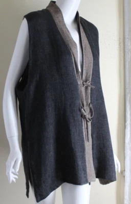 Eskandar Sz 1 O/S Long Exquisite LINEN Art Gauze Waistcoat Vest Jacket - Image 1 of 4