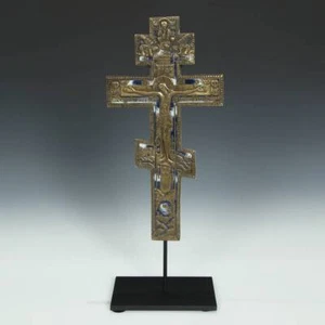 ANTIGUA CRUZ CEREMONIAL RUSA ANTIGUOS CREYENTES JESÚS BRONCE ESMALTE FINALES DEL SIGLO XVIII - Imagen 1 de 7