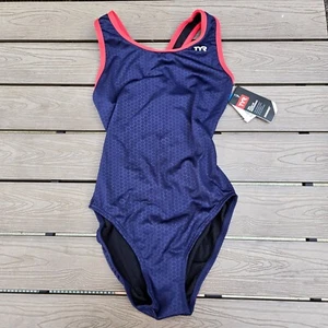 TYR Durafast Women's Hexa Geometric Red/navy Maxfit 1 Piece Swimsuit SZ 30 New - Picture 1 of 3