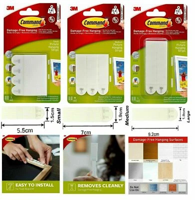 3M Command Strips Self Adhesive Wall Hanging Picture Hanging Strips LARGE MEDIUM