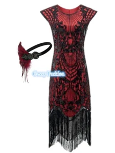 SN-E4-5 Deluxe Ladies 1920s Roaring 20s Flapper Gatsby Costume Red Black - Foto 1 di 18