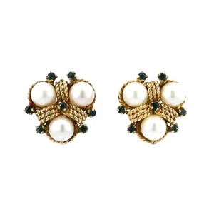 14K Yellow Gold Cultured Pearl & Sapphire Clip-On Earrings - Picture 1 of 7