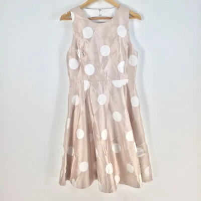 Hi there karen walker womens dress size 12 fit flare beige polka dot 077834 - image 1 of 4