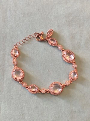 Signed Charming Charlie Rose Gold Plate Faceted Glass Bracelet Prong Set 8" - Image 1 of 4