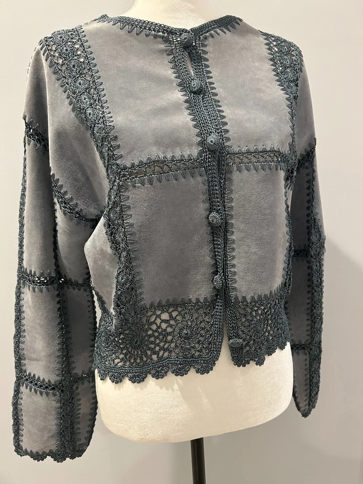 Overland Leather Suede jacket Patchwork Crochet Lace Vintage Y2K size 8 Medium - Image 1 of 4