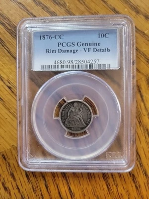 Moneda de diez centavos Seated Liberty 1876 CC PCGS genuina en estado bastante bueno detalles (daños en la llanta) Foto 1 de 4