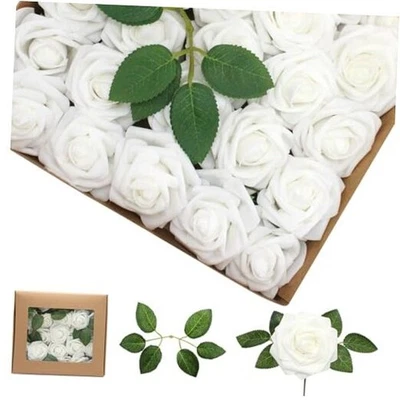 Artificial Flowers RosesPCS Real Looking Foam Fake Roses with Leaves 100 White - Image 1 of 4