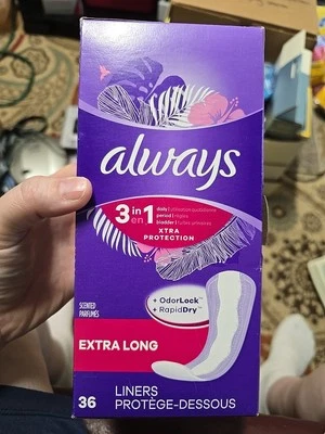 Always XLong 3 合 1 36 克拉衬里气味锁快速干燥香味日+周期+膀胱  — 第 1/4 张图片