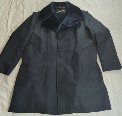 VTG Blue Overcoat Faux Fur Double Collar Men's 44 R Union ACWA 60's 70's - Image 1 of 4