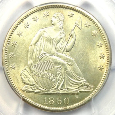Монета номиналом 50 центов 1860-S с изображением сидящей Свободы — PCGS детализация не бывшая в обращении (MS UNC) — редкая - Изображение 1 из 4