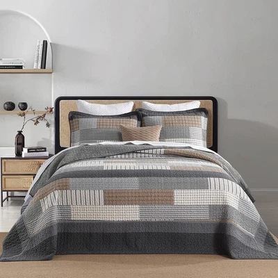 120"X120" Cotton Oversized King Bedspread Coverlet Gray Plaid Extra Large Quilt  - Image 1 of 4