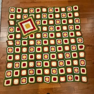 Granny Square Crochet Afghan Sofa Throw Blanket 68x68" w/ Matching Pillow Sham!! - Picture 1 of 9