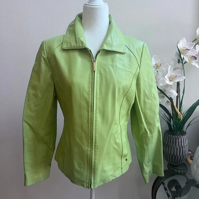 Chaqueta ajustada vintage Y2K negra remache verde manzana cuero genuino cremallera completa M Foto 1 de 4